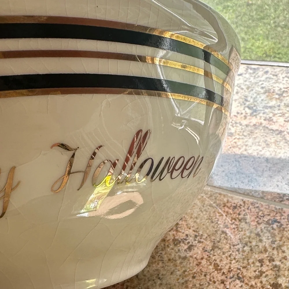 Festive Halloween Ceramic Bowl with Gold and Black Stripes